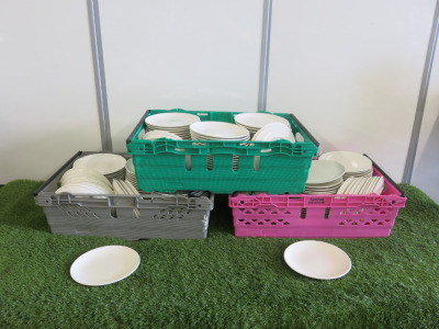 130 x 21cm China White Plates. Comes with 3 x Plastic Crates.