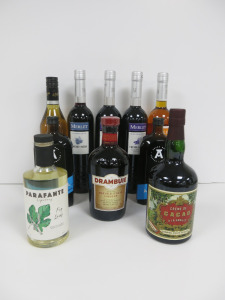 10 x Assorted Bottles of Liqueurs to Include: 3 x Merlet Blackcurrant, 70cl, 1 x Merlet Apricot, 70cl, 2 x Algebra Coffee Liqueur, 50cl, 1 x Drambuie, 70cl, 1 x Cr&egrave;me de Cacao, 70cl, 1 x Parafante, 50cl & 1 x Giffard Banane Du Bresil.