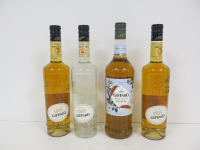 4 x Bottles of Giffard Liqueurs/Syrup to Include: 1 x Triple Sec & 2 x Apricot 70cl with 1 x Vanilla Syrup, 1L.
