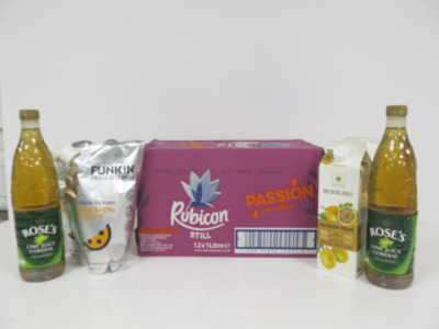 Assorted Soft Drinks & Mixers to Include: Case of 12 x 1L Rubicon Passion Juice Drink, 2 x Roses Lime Juice Cordial, 2 x Funkin Pro Cocktails Pure Passionfruit & 2 x Mixologi Passion Fruit.