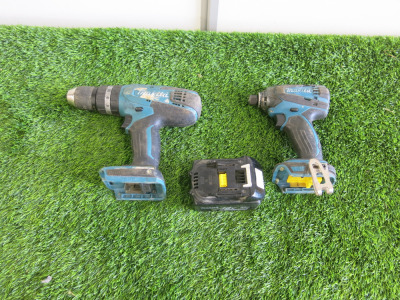 2 x Makita Drills to Include: 1 x Makita BTD146 Cordless Impact Driver with Makita 18v 3.0aH Li-ion Battery, missing charger & 1 x Makita Cordless Combi Drill, Model HP457D. NOTE: missing battery.