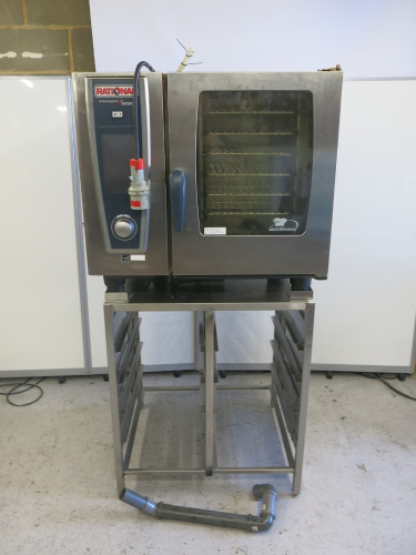 Rational Electric 5 Senses Self Cooking Centre Combi Oven, Model SCC WE 61, S/N E61SH1506246351, 6 Grid, 3 Phase. Comes with Stainless Steel 5 Rack Table, Overall Size H168 x W85 x D80cm.