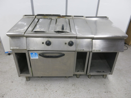 Mareno 2 Well Gas Deep Fat Fryer. Comes with 2 Mareno in Fills & 1 x Mareno Open Cupboard with Drawer. NOTE: requires baskets.