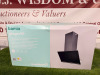 Boxed/New GoodHome Bamia Angled Glass Cooker Hood with Automated Round Perimeter Extraction, Model GHAGRO 90. - 2