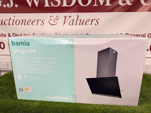 Boxed/New GoodHome Bamia Angled Glass Cooker Hood with Automated Round Perimeter Extraction, Model GHAGRO 90.