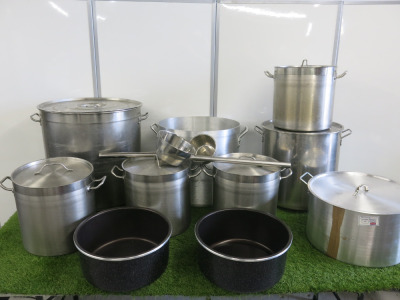 8 x Assorted Sized Metal Stock Pots with 7 Lids, 2 x Ladles & 2 x Non Stick Pots.