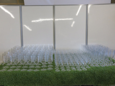 166 x Assorted Plastic Glasses to Include: 56 x Wine Glasses, 62 x Smaller Wine Glasses & 48 x Champagne Flutes.