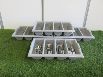 Lot of Assorted Cutlery to Include: 45 x Nisbet Knives, 45 x Olympia Forks, 23 x Nisbet Tea Spoons & 4 x Plastic Cutlery Trays,