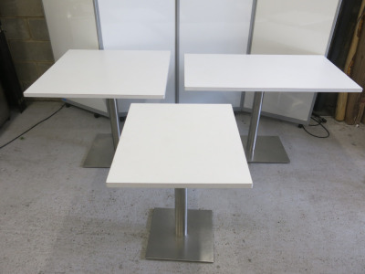 23 x Assorted Sized Restaurant/Caf&eacute; White Melamine Top Tables with Square Metal Bases to Include: 19 x Rectangle, Size H75 x W120 x D70cm, 2 x Square, Size H75 x W90 x D90cm & 2 x Square, Size H75 x W70 x D60cm.
