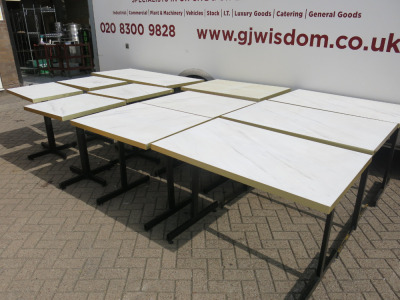 11 x Assorted Sized Restaurant/Caf&eacute; Wood Top Dining Tables with Marble Effect and Metal Frame Legs to Include: 1 x H80 x W150 x D70cm, 3 x H80 x W110 x D70cm, 1 x H80 x W100 x D70cm, 2 x H80 x W85 x D70cm, 2 x H80 x W65 x D65cm & 2 x H80 x W70 x D55cm.