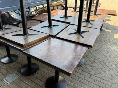 33 x Assorted Sized Restaurant/Caf&eacute; Solid Wood Top Dining Tables with Heavy Metal Bases to Include: 26 x Square H75 x W70 x D70cm, 3 x Rectangle H75 x W180 x D60cm, 2 x Rectangle H75 x W120 x D60cm, 1 x H75 x W168 x D97 & 1 x Round H75 x Dia D60cm.