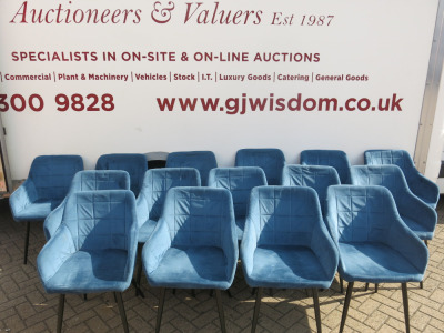 30 x Dining Chairs Upholstered in Faux Blue Velvet with Black Legs.