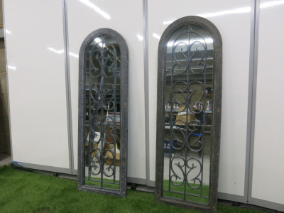 Pair of Wooden Framed Grey Arched Mirror with Metal Detail, Size H123 x W40cm.