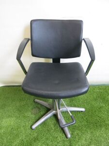Professional Height Adjustable Barbers Chair on Chrome Base in Black PVC.