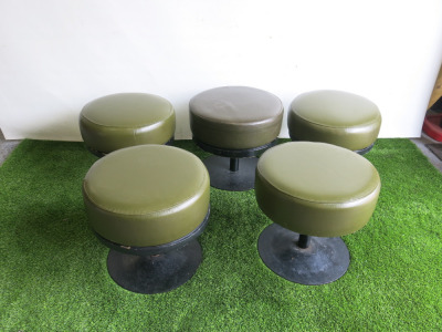 10 x Olive Green Faux Leather Low Stalls on Round Metal Base, Size H40 x Dia 45cm.