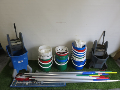 Quantity of Cleaning Equipment to Include: 2 x Mop Buckets with Wringers, 15 x Plastic Buckets, 2 x Floor Cleaners & 15 x Aluminium Poles.