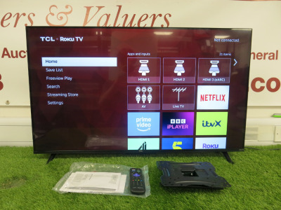 42" TCL Smart TV, Model 43RP630K, Serial No T2401001285. Comes with Remote & Wall Mount.