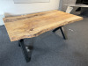 Bespoke Made American Oak Single Piece Table Top on 2 x Black Metal Cross Legs. Size 182 x 97 x 78cm. NOTE: claim received that table was purchased for &pound;6000 from bespoke manufacture in America (Unable to Verify).