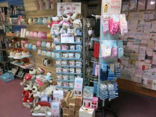 1 x Rack & Spinner Display with Approx 340 Boofle Mugs, Socks, Key Rings & Soft Toys to Include: Approx 100 x Mugs on Display with 11 x Boxes of 3 Spare Stock, 50 x Key Rings, 118 x Pairs of Socks & 42 x Assorted Soft Toys (As Viewed)