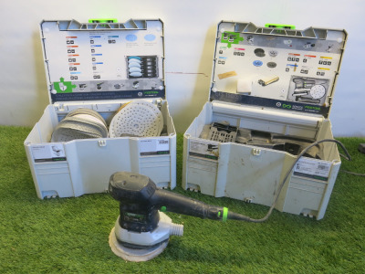 Festool Orbital Sander, Model ETS 150/3 EQ-Plus, with Lead in Carry Case. Comes with Festool SYS-STF D 150 4S Systainer Carry Case and Assorted Pads (As Viewed).