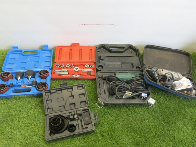 5 x Tools & Accessories in Cases to Include: Dremel 3000, Parkside PSG50B2, Core Drill Bits, Tap & Die Set and Set of Sanding Attachments (As Viewed).