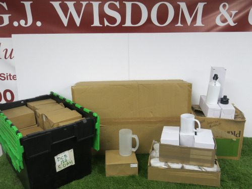 Stock of 124 x Assorted Blank Mugs, Water Bottles, & Beer Steins to Include: 18 x White Mugs, 72 x 500ml Aluminium White Water Bottles, 19 x Frosted 16oz 'Trigger' Beer Steins & 15 x Premium Quality Glass Beer Steins.
