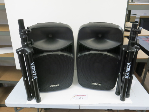 Pair of VonyX VPS 122A Active 12" Speaker Set with Folding Tripod Stands.