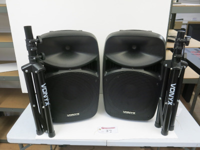 Pair of VonyX VPS 122A Active 12" Speaker Set with Folding Tripod Stands.