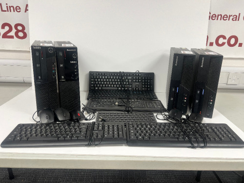 Lot Consisting of 4 x PC's, Keyboards & Mouse to Include: 2 x Lenovo Think Centre M85, Model B26, Running Windows 10, Intel Core 2 Duo, E8500 @ 3.16 GHz, 7GB/16GB RAMS, 128GB/232GB SSD's. Lenovo Think Centre Edge 72, Model AYG, Running Windows 10, Intel C