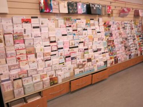 6 x Racks Containing Approx 1500 Greetings Cards and Approx 500 Replenishing Stock in Drawers Under, 3 x Spinner Displays of Banners, Cards & Wrap (As Viewed)