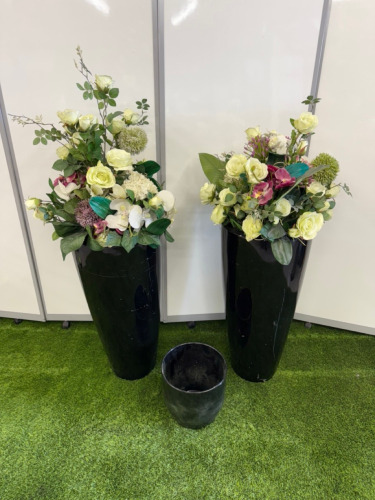 2 x Tall Black Plastic Vase with Assorted Faux Flowers. Size Vase H80 x D&iacute;a 37cm & 1 x Ceramic Vase, Size H26cm.