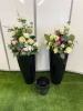 2 x Tall Black Plastic Vase with Assorted Faux Flowers. Size Vase H80 x D&iacute;a 37cm & 1 x Ceramic Vase, Size H26cm.
