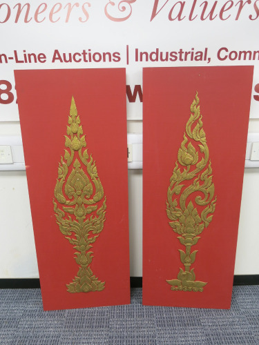2 x Wood Board Painted Red with Gold Plaster Detail Size H121 x W46cm.