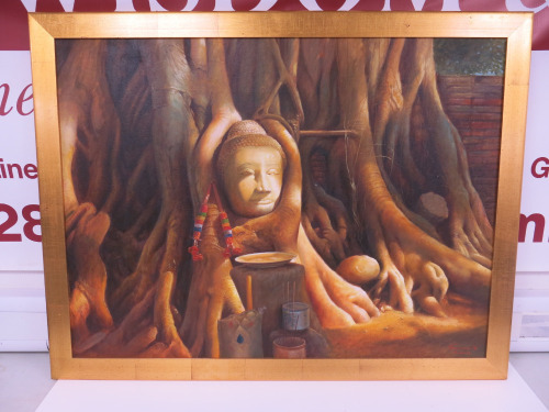 Oriental Scene Artwork with Buddha & Tree in Gold Frame, Size 90 x 116cm.