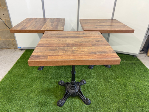 15 x Restaurant/Caf&eacute; Tables with Heavy Dark Wood Top & Black Metal Bases, Size H80 x W70 x D70cm.