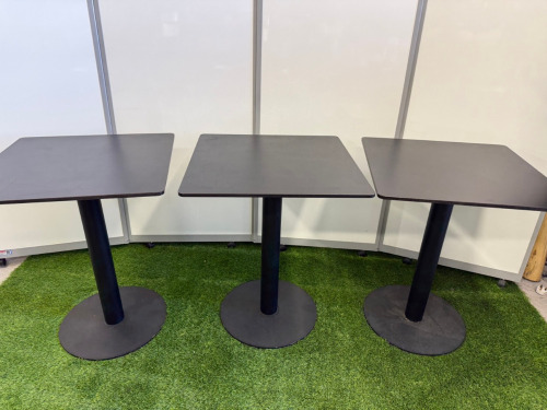 11 x Black Square Top Tables with Circular Black Metal Bases. Size H72cm x W59cm x D59cm.