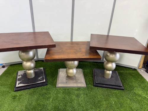13 x Brown Wood Rectangular Top Tables with Square Black Metal Bases. Size H70cm x W70cm x D60cm.