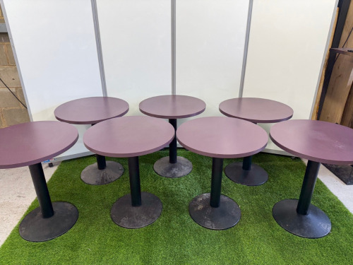 7 x Purple Circular Top Tables with Circular Black Metal Bases. Size H70cm x Diameter 60cm.