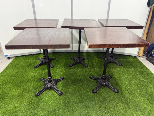 10 x Dark Brown Polished Wooden Square Table Tops with Black Crossed Design Bases. Size H74cm, W55cm & D55cm.