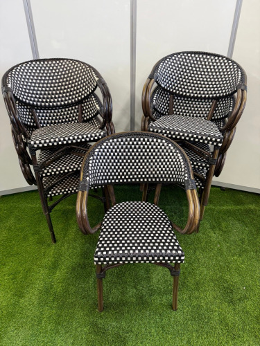 44 x Black and White Woven Bamboo Metal Framed Lounge Chairs with Brown Wood Effect Finish on Arms and Legs. Size H82cm & W56cm.