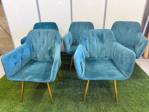 8 x Blue Velour Dining Chairs with Gold Metal Legs. Size H80 x W65cm. NOTE: Condition as Viewed.