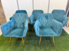 8 x Blue Velour Dining Chairs with Gold Metal Legs. Size H80 x W65cm. NOTE: Condition as Viewed.