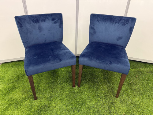 2 x Navy Blue Velvet Dining Chairs with Dark Brown Wooden Legs. Size H80cm & W50cm.
