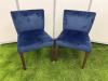 2 x Navy Blue Velvet Dining Chairs with Dark Brown Wooden Legs. Size H80cm & W50cm.