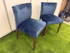 2 x Navy Blue Velvet Dining Chairs with Dark Brown Wooden Legs. Size H80cm & W50cm. - 2