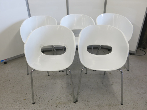 45 x White Plastic Bucket Chairs on Chrome Legs.