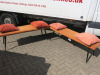 Pair of Benches Upholstered in Orange Quilted Fabric with Black Wooden Legs, Size H48 x W140 x D42cm. Comes with 4 x Orange Cushions.