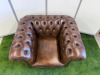 Dark Brown Leather Chesterfield Armchair with Short Wooden Leg Stumps. Size H74cm, W108cm &D88cm. - 5