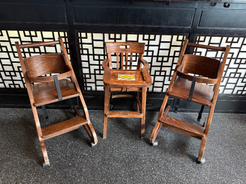 3 x Helo Dark Wood Children's High Chairs to Include: 2 x Mobile & 1 x Fixed.