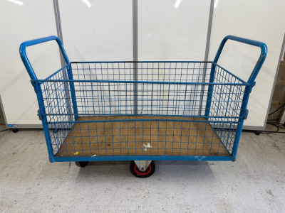 Mobile Mesh Sided Trolley with Removable Side. Size H52 x W120 x D60cm. NOTE: No VAT on lot.
